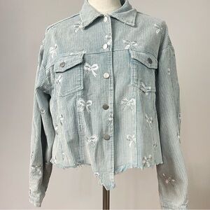 BiBi Bow Embroidered Corduroy Cropped Jacket Shacket Blue Medium NWT